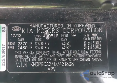 2013 Kia Sportage Lx z USA, uszkodzony, nr VIN KNDPBCA24D7431898